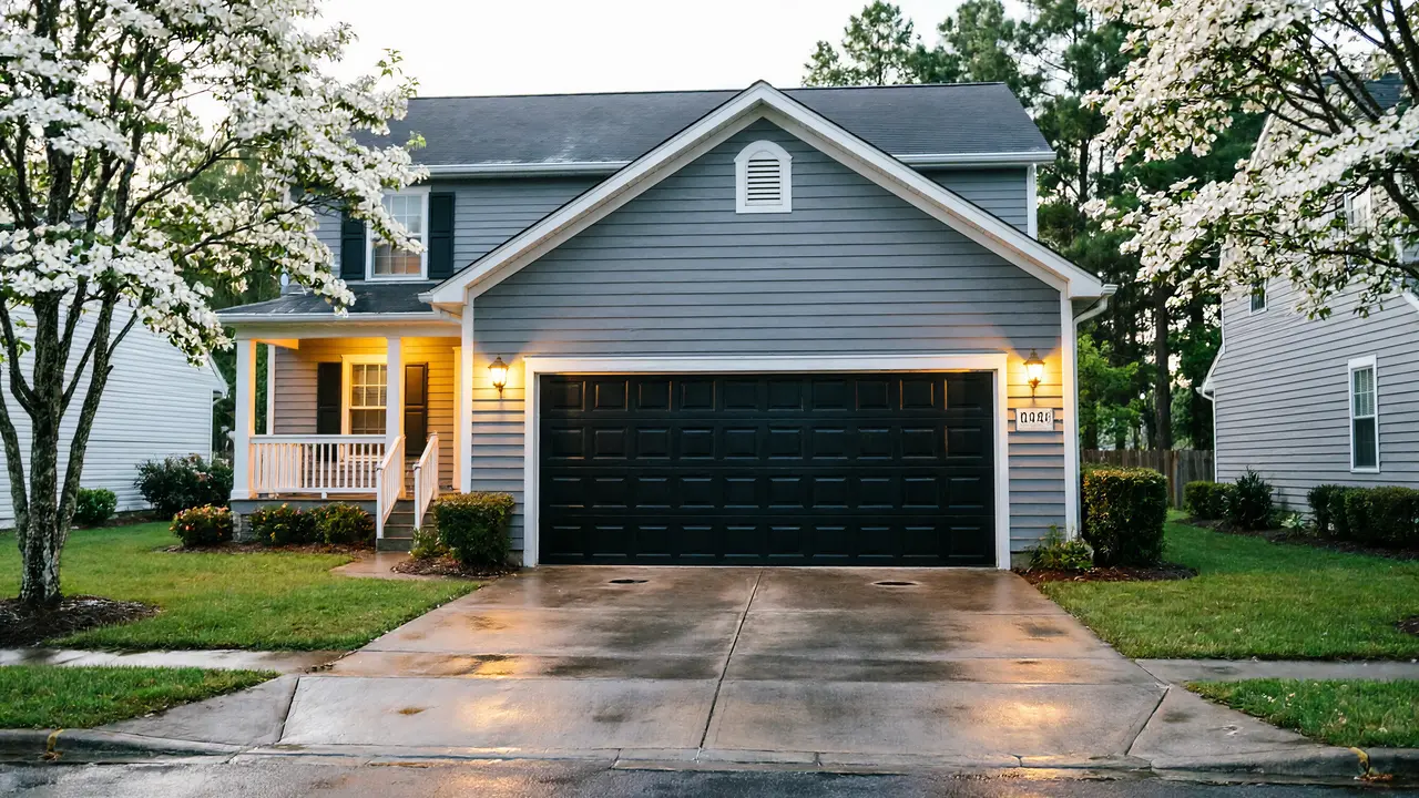 A gray house with a black garage door and a wet driveway.