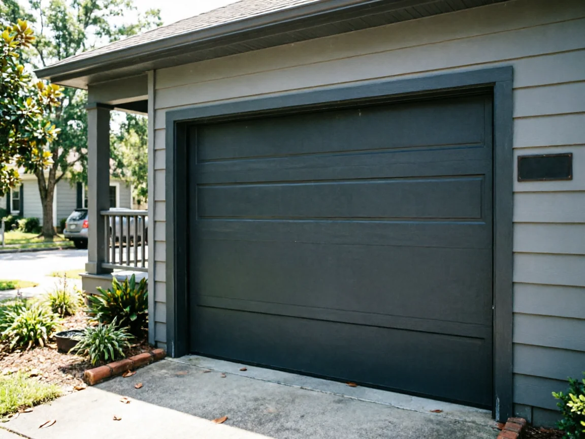 A dark gray garage door is on a gray house with a porch.